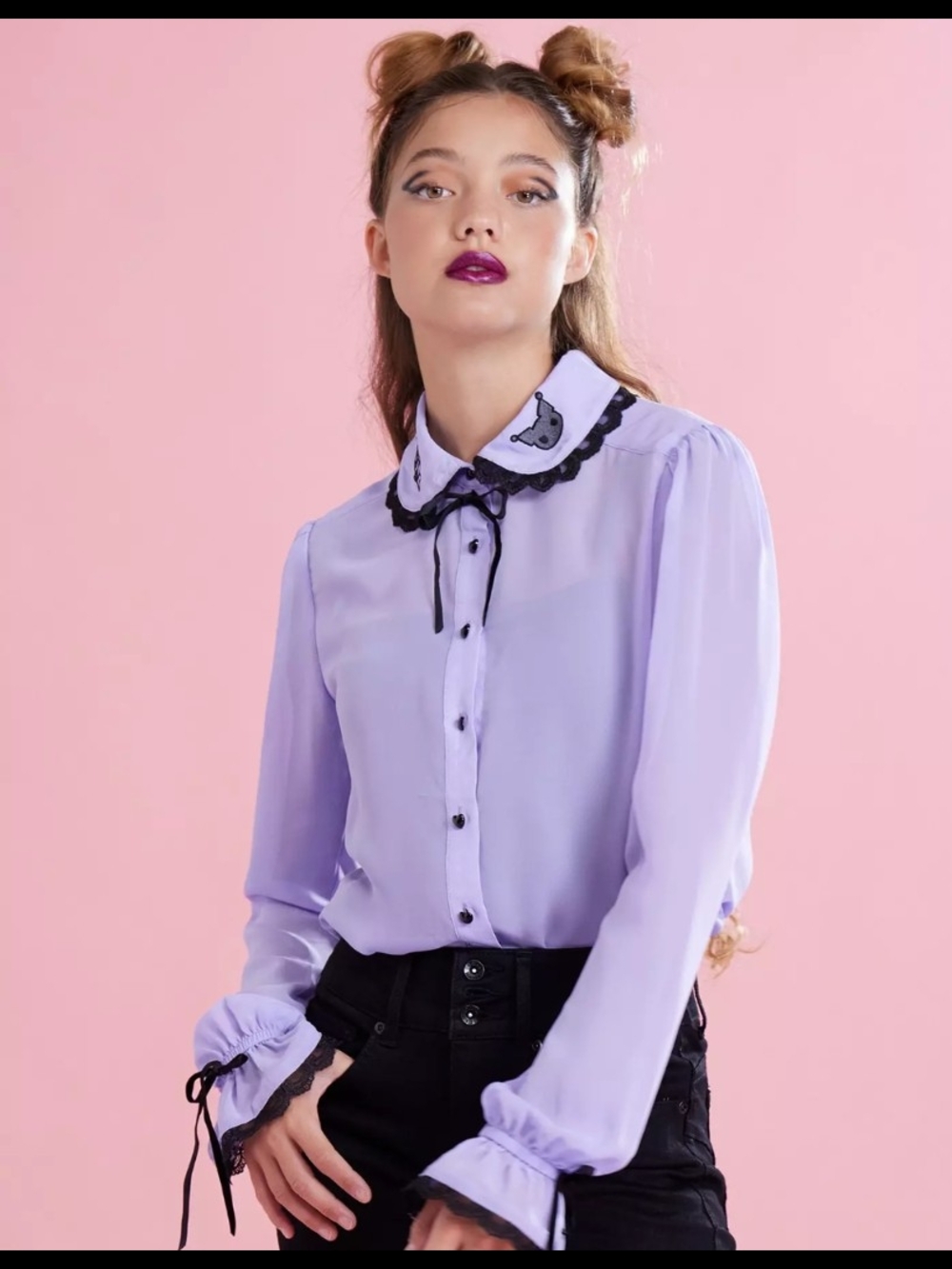 Sanrio Kuromi Sheer Lilac Ruffle Collar Button-Front Blouse - Women